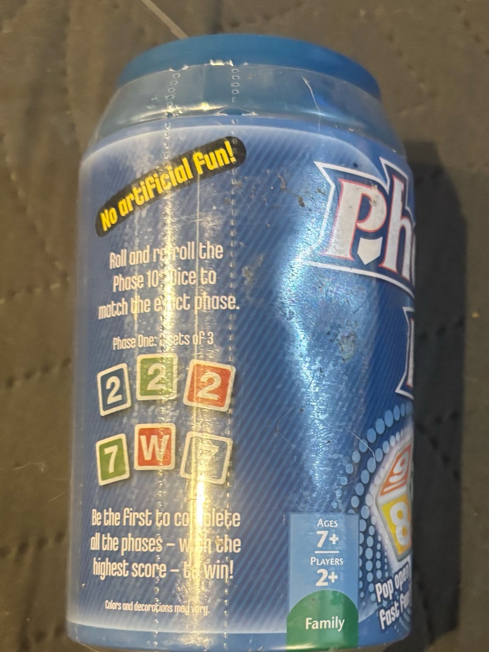 NEW/SEALED Phase 10 Dice Game Blue Tin Soda Can - 2012 Mattel Games - Picture 2 of 6